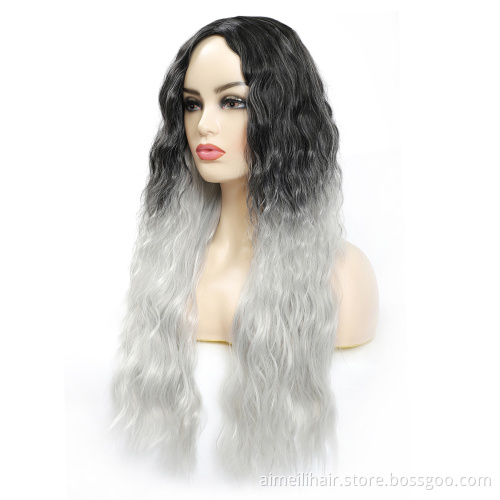 Wholesale Hair Black Ombre Grey for Women Finger Wave Dark Root Hair Wigs Daily or Party Long Water Wave Wig Synthetic Hair Wigs